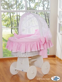GLAMOUR BIELY - prútený košík pre bábätko, na kolieskach, so strieškou - RUŽOVÉ PREVEDENIE